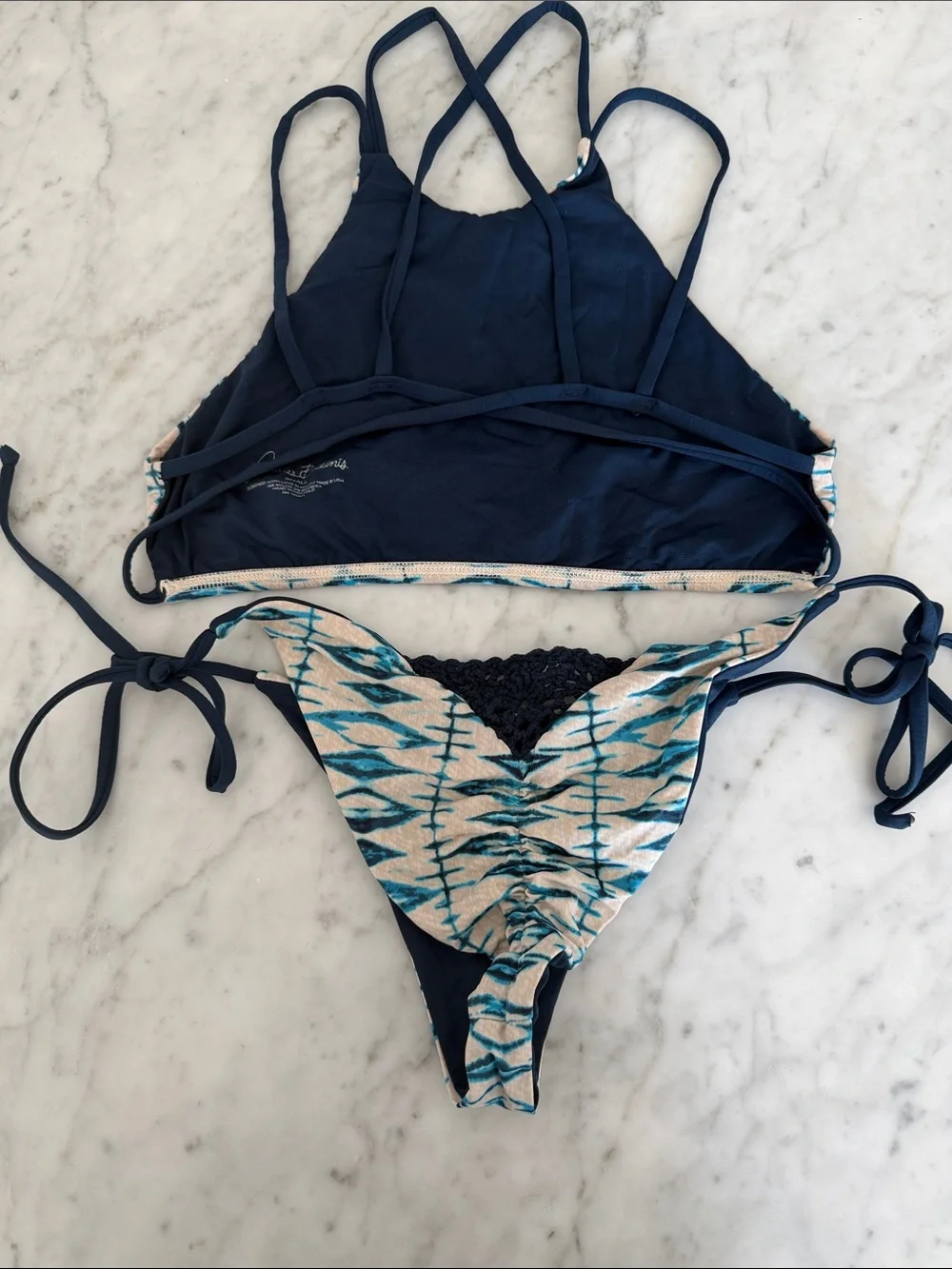 Frankie's Bikinis Navy and Cream Strappy Bikini - Small Top and Medium Bottom